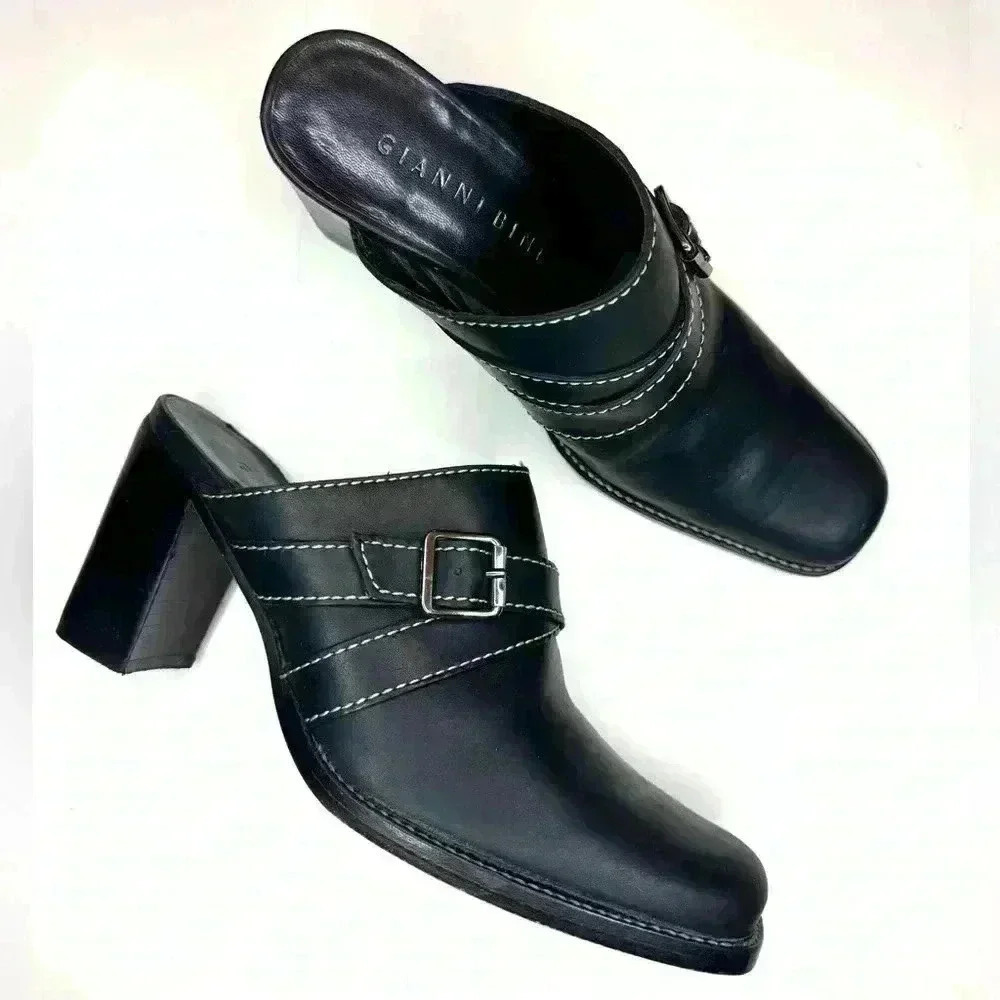Gianni Bini Womens Leather Mules Black Buckle accnt Block heel Sz 7.5M